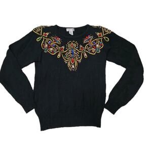 Vtg Lindsey Blake Women's Black Sweater S Beaded Jeweled Embroidery Holiday READ